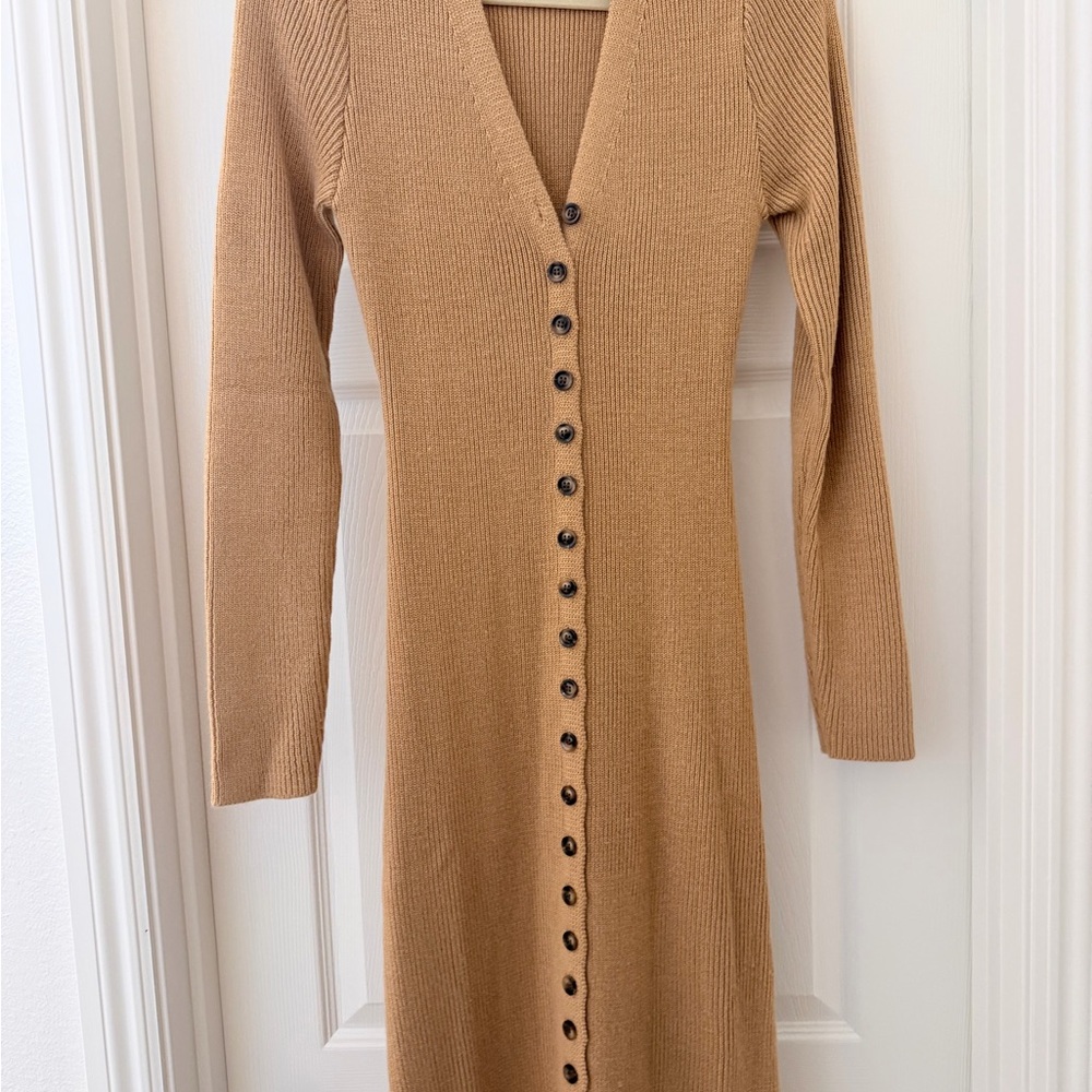 LPA KAVALA SWEATER DRESS Camel Ribbed Button-Front Knit Dress - Women